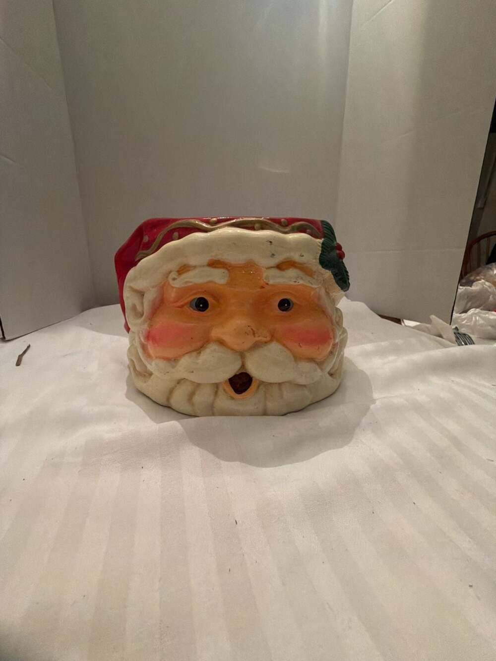 Vintage Ceramic Santa Claus Head Cookie Jar With Metal Handle